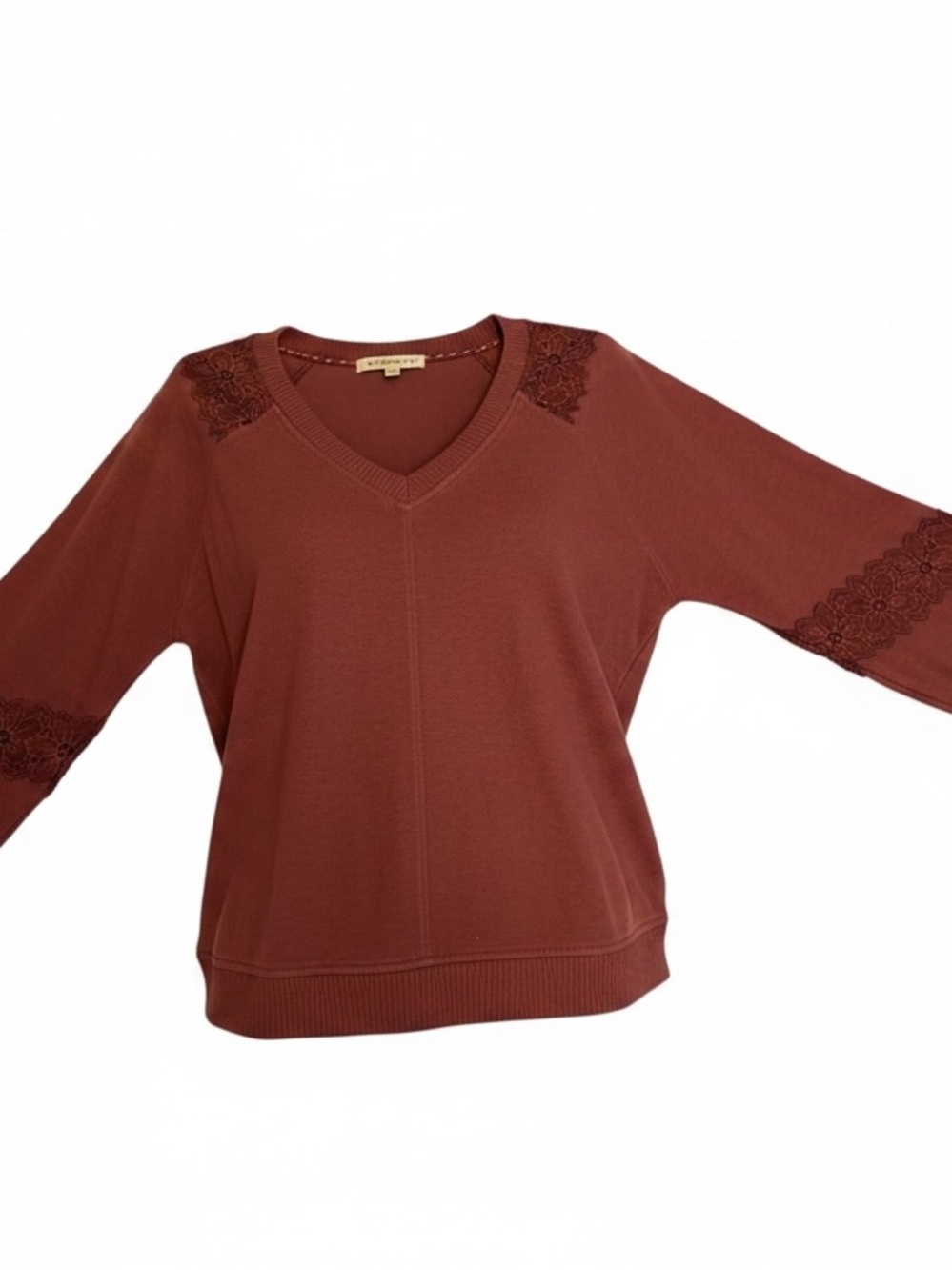 Democracy Burgundy Lace Knit Top with Ribbed Neck Size Medium
